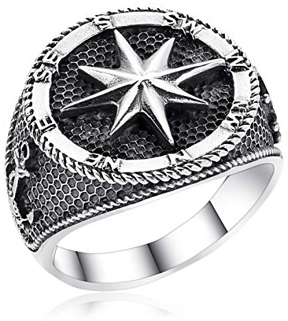 MATERIA Herrenring Kompass Silber 925 breit - Siegelring Herren Ringe Windrose Nautischer Stern antik schwarz 18-23mm