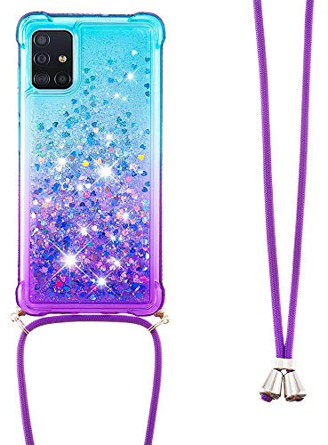 Handykette Handyhülle für Samsung Galaxy A51 Hülle,Glitzer Quicksand kreatives Fließende Flüssigkeit schwimmt Silikon Case mit Umhängeband Handykordel Band Kette für Galaxy A51,YB GS Blue Purple