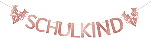 Schulkind Girlande Banner Wimpel Hänge Deko für Schuleinführung Einschulung Schulanfang DekoBanner Schule Junge Mädchen Gold mit Herzen (Glitzer Rosagold)