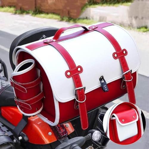 ELNas 33L Motorrad Hecktasche für CB125F 2015-2024, wasserdichte Leder Gepäcktasche mit Zahlenschloss Retro Motorrad Topcase, Zubehör Reisen,C White+red