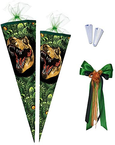 Nestler Schultüten-Set zum Befüllen, Handgemachte Zuckertüte aus Karton - Motiv Dino Dschungel inkl. Spitzenschutz, Schleife (70 cm rund mit Sound)