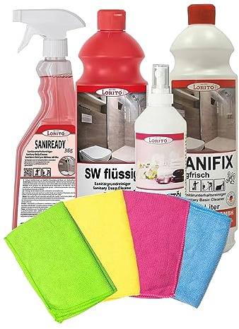 Lorito Sanitärreiniger Set mit 3 x Reinigern, Microfasertüchern & Duftöl | Microfasertücher & Reiniger für Bad, WC & Waschbecken, gegen Flecken, Duftöl für Frischeduft
