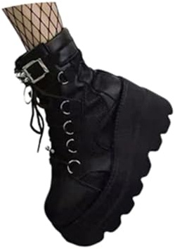 ORANDESIGNE Bottes Femme PU Cuir Bottes Gothiques Punks Boots Automne Hiver Talon Bloc Plateforme Bottes Hautes Chaussure de Fête F Noir 43 EU