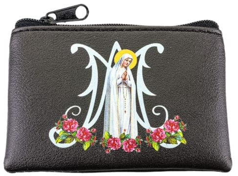 Needzo Our Lady of Fatima Black Leatherette Rosary Pouch with Zipper Closure, Neutral Travel Cases and Pouches for Rosaries, Catholic Gift, 3.25 Inches
