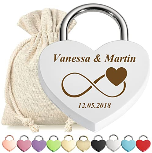 polar-effekt Liebesschloss Vorhängeschloss Weiß mit personalisierter Wunschgravur - Motiv Unendlichkeit - Geschenkbeutel - passend zur Hochzeit, Jahrestag, Valentinstag - Paar-Geschenk - Mann, Frau