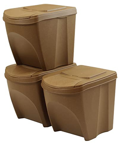 SortiBox - Juego de 3 cubos de basura apilables para reciclaje de plástico Eco con 33 % de madera, 75 litros (3 x 25 L), color marrón natural, para interior o cocina