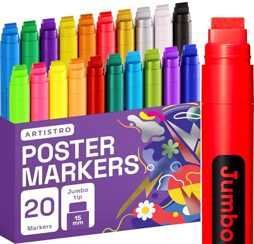 ARTISTRO 20 Jumbo Markers, Acrylic Markers with 15mm Jumbo Felt Tip for Rock, Wood, Canvas, Ceramic, Glass & More - Acrylic Paint Markers for Murals Posters Art Journals Tagging Calligraphy