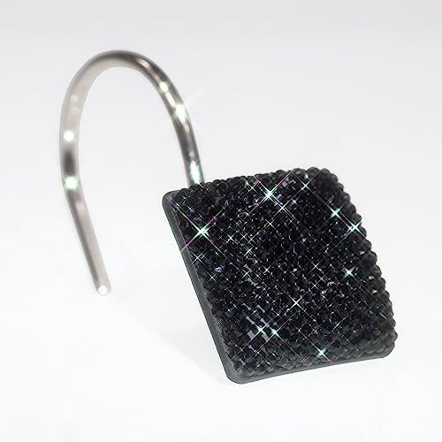 Glitter Shower Curtain Hooks Rings: Bling Sparkle Shiny Crystal Diamond Decorative Shower Curtain Hooks for Christmas & Holidays - Luxury Fancy Glam Curtain Hooks & Hangers (Black)