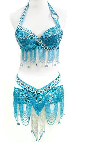 AGAATI Tanzkleidung für Damen, Tanz, Pailletten-Perlen-BH und Gürtel, Bauchtanz-Anzug, 2-teiliges Strass-Kostüm für Bauchtanz (Seeblau, L)