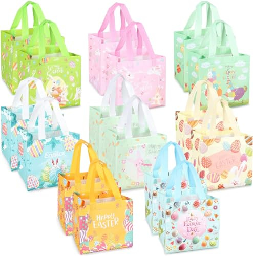 16 x Ostereiersuche-Taschen mit Griffen, Häschen Karotten Küken Ei Taschen, Oster Leckerei Taschen, multifunktionale Non-Woven Ostertaschen zum Verpacken von Geschenken, Eiersuche, Partyzubehör