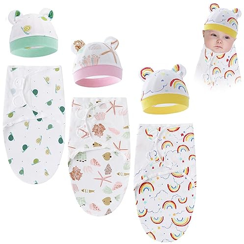 3er Pucksack Baby 0-3 Monate, Unisex Baby Wickeldecke Baby Schlafsack mit Mütze, Pucksack aus Baumwolle für Neugeborene,Baumwolle Swaddle Decke für Neugeborene Babys, Unisex, 70x50cm