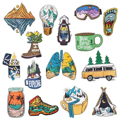 JMZLLRX 15 st landskap Iron On Patch berg och flod landskap stil broderi lappar vildmark serie sömnad applikation för jackor, hattar, ryggsäckar, jeans