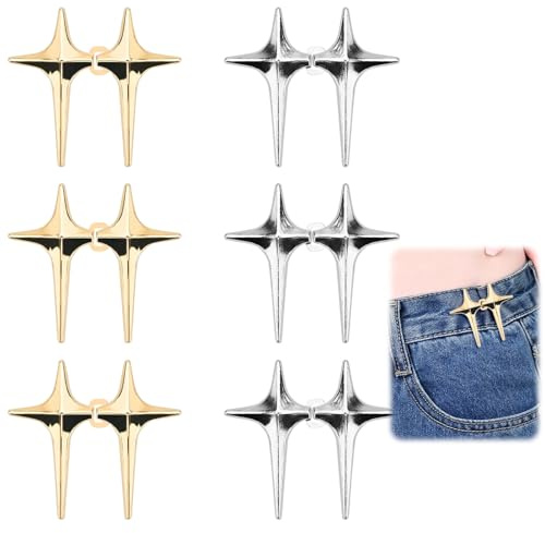 6 Paar Jeans Knopfstifte,Star design Silber Angespannungs Taillenknöpfe,Stern Jeans Knöpfe Pins,Silber & Gold No-Sew Taille Cinching Knöpfe,Abnehmbare Jeansknöpfe, keine Notwendigkeit, Hosen zu nähen