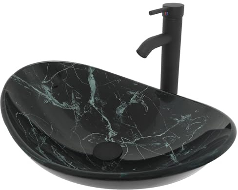 ZealWe Waschbecken Aufsatzwaschbecken Glas, Waschbecken Aufsatz Waschschale Oval für Badezimmer, Handwaschbecken Gäste WC 53 × 35 × 15,5 cm Waschtisch Waschplatz, Sternenhimmelfarbe