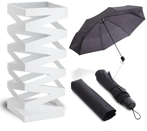 K AKTUAL - Paraguero Cuadrado con Paraguas Plegable - Paragueros Modernos de Color Blanco con Ganchos y Bandeja antigoteo extraíble - Paragüero de Metal 15 x 15 x 50 cm