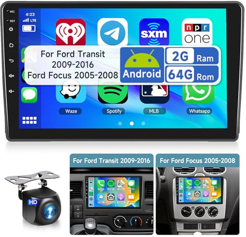 2G&64G 9 Autoradio Android per Ford Transit 2009-2016/Ford Focus 2005-2008 con Carplay Android Auto,Touchscreen Bluetooth HIFI/RDS/FM Radio+Wifi Navi/Telecamera posteriore AHD/CANBUS