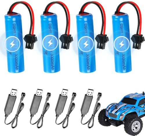 4 Stück 3.7 V Li-ion Battery, 3000mAh Lithium-Ionen Akku mit SM-2P Stecker, UBS Ladekabel, Wiederaufladbare Battery, Li-Ionen-Akku für RC Fahrzeuge, Panzer, Auto, Roboter, Stunt Car