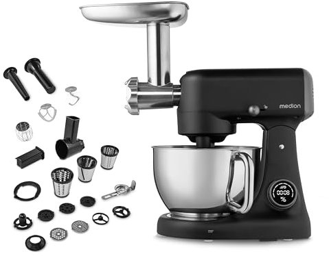 MEDION Küchenmaschine (Fleischwolf, 4,6 L Edelstahlschüssel, leiser Gleichstrommotor, 800 Watt, Reiben Raspeln Schneiden, Digitales Sensor Touch Display, Knetmaschine, Teigmaschine, MD12600) schwarz
