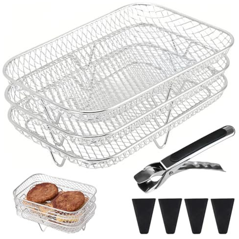 3 Piezas Rejilla Air Fryer Acero Inoxidable,19 x 13 x 4,5cm Rejilla para Freidora de Aire,Estante de Acero Inoxidable para Freidora de Aire,con Clips Anti-escaldado,para Freidora de Aire Hornear Asar