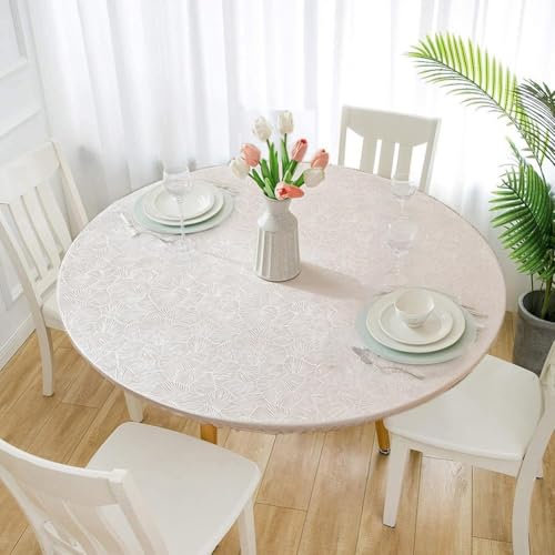 Cozomiz Elastische Tischdecke Jacquard Gartentischdecke Rundtischdecke wasserdichte rutschfeste Abwischbar Schmutzabweisend Tischdecke 180cm Runde Enge Passform Beige