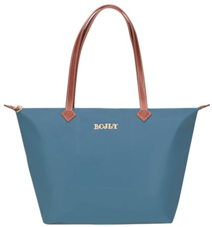 BOJLY Bolsa de mano impermeable de gran capacidad para mujer, bolsa de compras plegable y reutilizable para viajes, escuela y trabajo, bolsa de hombro ligera y plegable (azul pavo real)