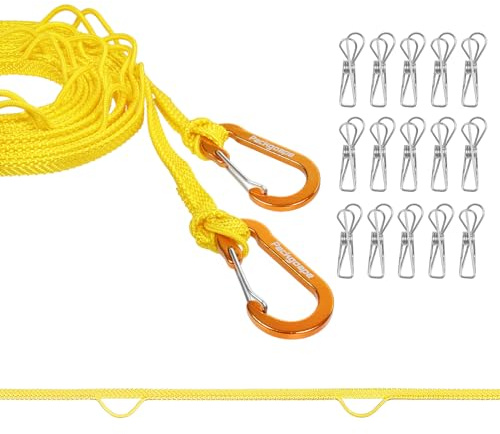 Packgoape Portable Travel Clothesline, Windproof Clothes Laundry Line with Clothespins & Hang Holes, Indoor & Outdoor Clothes Drying Rope for Hotel, Backyard,Cruise Ships, Camping (Yellow, 20 Ft)
