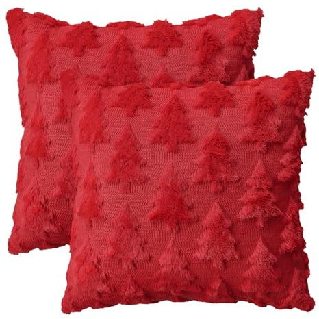 Artoid Mode Lot de 2 housses de coussin décoratives en fourrure synthétique - Pin rouge - 40 x 40 cm - Pour l'hiver, la chambre à coucher