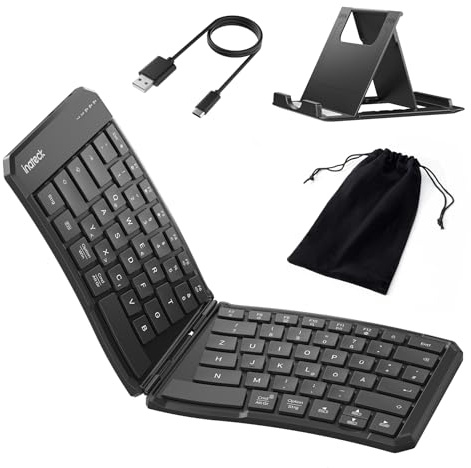 Inateck Faltbare Tastatur Ergonomische, Funktastatur Dual-Fold Magnetic QWERTZ,mit 3 BT,Mit Rückenclip zur Verwendung am Bein, mit Tasche/Ständer,für iPad iPhone Mac Android Windows,Nomad Ergo N0131