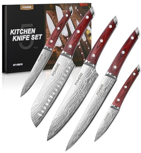 FOHERE Set di Coltelli da Cucina Professionali, Set di Coltelli in Acciaio Inossidabile 5 Pezzi, Ultra Affilati, Coltello da Cucina con Manico in legno, Coltello da Chef