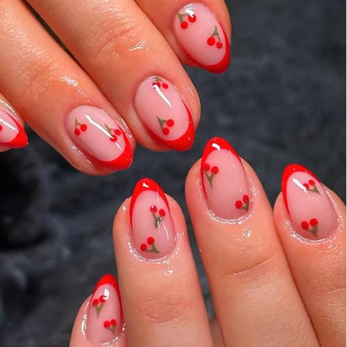 24PCS Cherry French Tip Press On Nails Short Round — Nude Pink False Nails With Red Edge And Fruit Design, 12 Sizes With Jelly Adhesive Tabs — Fake Nails For Women Girls DIY Nail Art