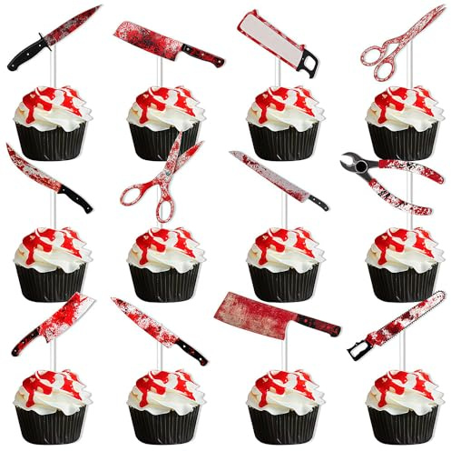 24 Pack Halloween Cake Decorations - Glitter Bloody Knife Cupcake Toppers & Cake Picks for Horror Theme Parties, Baby Showers & Halloween Birthday Supplies (Bloody knife)