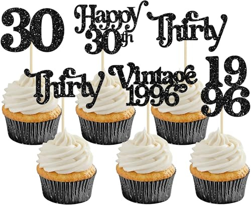 Gyufise 30Pcs Happy 30th Birthday Cupcake Toppers Vintage 1996 Cheers to 30 Fabulous Thirty Cupcake Picks Decorations for 30th Birthday Wedding Anniversary Party Supplies Black