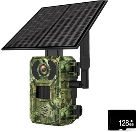 4G SIM Fotocamera Solare Caccia Trail Camera Monitoraggio Della Fauna Selvatica Sorveglianza Visione Notturna A Infrarossi Fotocamere Selvagge Trappole Fotografiche Facile Chiaro(Add 128GB Card)