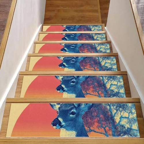 CHENZZZZ Tappeto retrò con cervo (2) tappetini antiscivolo per scale, 15 pezzi, 20,3 x 76,2 cm, per gradini in legno per interni, resistente tappeto per scale con riutilizzabile, senza residui per