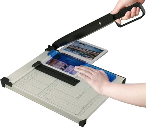 Guillotina de Papel con Base de Metal, Dispositivo de Protección, Cizalla Papel A4 B5 A5 B6 B7, Cortador de Papel Profesional Capacidad 12 Hojas, Máxima Precisión, Perfecto para Fotos, Papel, Blanco