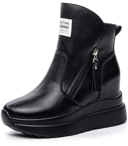 AONETIGER Baskets Compensées Femmes Plateforme Chaussures de Sport Mode Légères Cuir Casual Chaussure de Baskets à Talon 9 cm à L'intérieur Hausse (Noir,36EU)