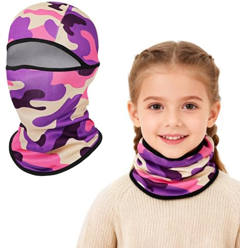 AYPOW Passamontagna Invernale in Pile Termico Bambini 4-8 Anni, Camuffare Maschera da Sci Multifunzionale Antivento, Berretti Cappello in Pile Caldo Cappuccio Scaldacollo Sciarpa per Ragazzi Ragazze