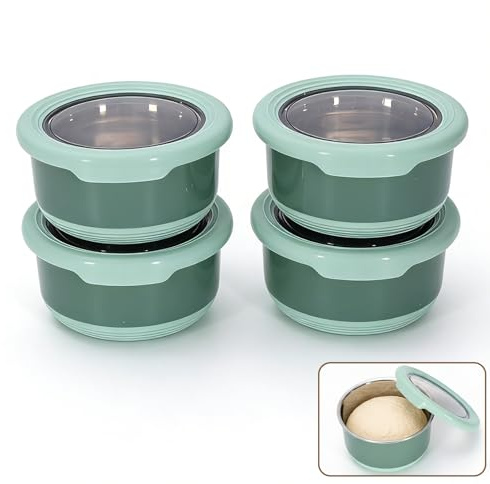 Punorric 4 Pack Pizza Dough Proofing Box, 420ml Stainless Steel Bread Proofing Box with Transparent Lid, Bread Proofer for Kitchen, Reusable Pizza Making Accessories Fits in Domestic Fridges-Green
