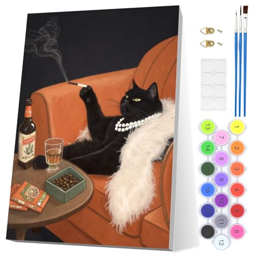 EOBROMD elegant kattmålning efter siffror vuxna, djur gör-det-själv handmålad oljemålning kit med ram, måla med siffror med 3 penslar och akrylfärger skrynkelfri canvas-kit för heminredning 20 x 30 cm