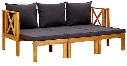 Fisinber 3-Sitzer Gartenbank aus massivem Akazienholz, ausziehbares Tagesbett mit Kissen, Outdoor-Sitzbank für Garten und Terrasse, 179 x 66/118 x 68,5 cm, Dunkelgrau