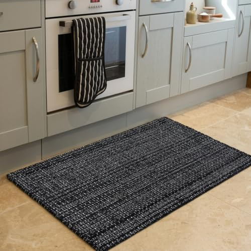 Seavish Schwarzer Küchenteppich, Kleiner Badezimmerteppich, 60 x 90 cm, schwarz-weiß gestreift, waschbar, Boho, Veranda, Dekoration, Innen- und Außenbereich, Fußmatte für Eingangsbereich, Veranda