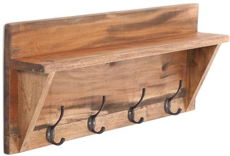 DESIGN DELIGHTS RUSTIKALE WANDGARDEROBE MIT Regal Vintage | 60x26x10cm (BxHxT), Recyclingholz | Wandregal mit 8 Kleiderhaken, Flurgarderobe, Hakenleiste | Farbe: 01 Natur-Vintage