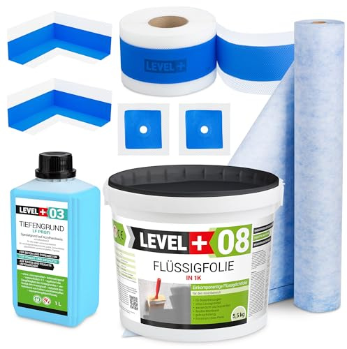 Set de sellado de 5,5 kg, lámina líquida, 1 m, cinta de sellado de 5 m, 2 esquinas interiores, 2 manguitos de pared, 1 L de profundidad de fondo, ducha, baño, cocina SET331