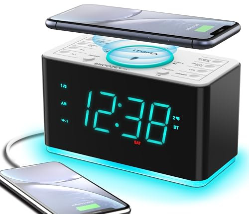 iTOMA Radiosveglia, Caricabatterie per Telefono Wireless da 15 W con Bluetooth, Porta di Ricarica USB, Doppia Sveglia, Timer di Spegnimento, Snooze, Dimmer, Radio FM, Luce Notturna CKS207
