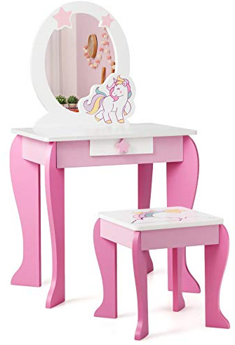 Costzon Kids Vanity Set with Mirror, 2 in 1 Wooden Princess Makeup Dressing Table with Detachable Top, Toddler Girls Vanity with Drawer & Stool, Pretend Play Vanity Set for Little Girls, Pink