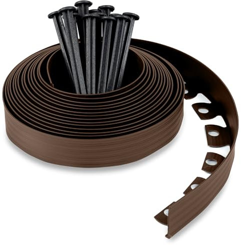 Bordo per Aiuole 10 m con 30 Chiodi di Fissaggio - Bordura per Aiuola Plastica - Bordo Giardino Flessibile - Altezza 5 cm - Facile da usare, Marrone