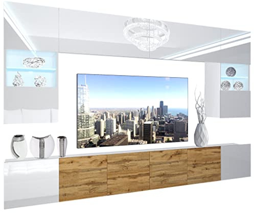 BELINI Wohnwand NEX 1, Weiß Top Seiten Weiß unten/Eiche Wotan | Vollausstattung Wohnzimmer-Set Moderne Schrankwand Anbauwand TV-Schrank