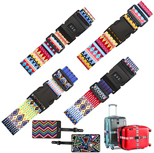 Anruyi Koffergurt Set, 2 Kofferband Verstellbar + 2 Kofferband Gurt mit Zahlenschloss + 2 Kofferanhänger Silikon mit Namensschild Böhmen Kreuz Gepäckband für Reisen Festes Gepäck (Bunt)