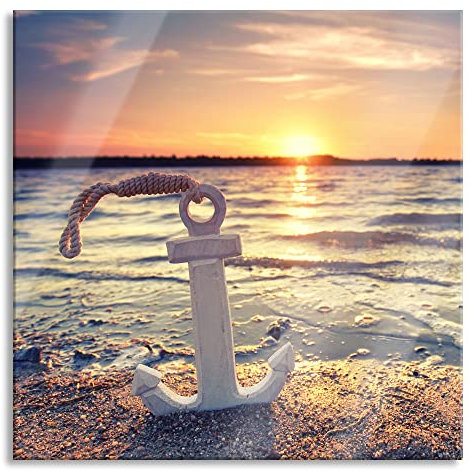 Pixxprint Glasbild, Wandbild auf Echtglas, Anker am Ostseestrand im Sonnenuntergang, 50x50 cm, inkl. Aufhängung und Abstandshalter