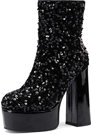 Cozivwaiy Scintillant Bottine Plateforme Femme Sparkly Bloc Talon Hauts Bottes Cheville Noir Bout Rond Booties Disco Chaussures de Danse Cheville 42